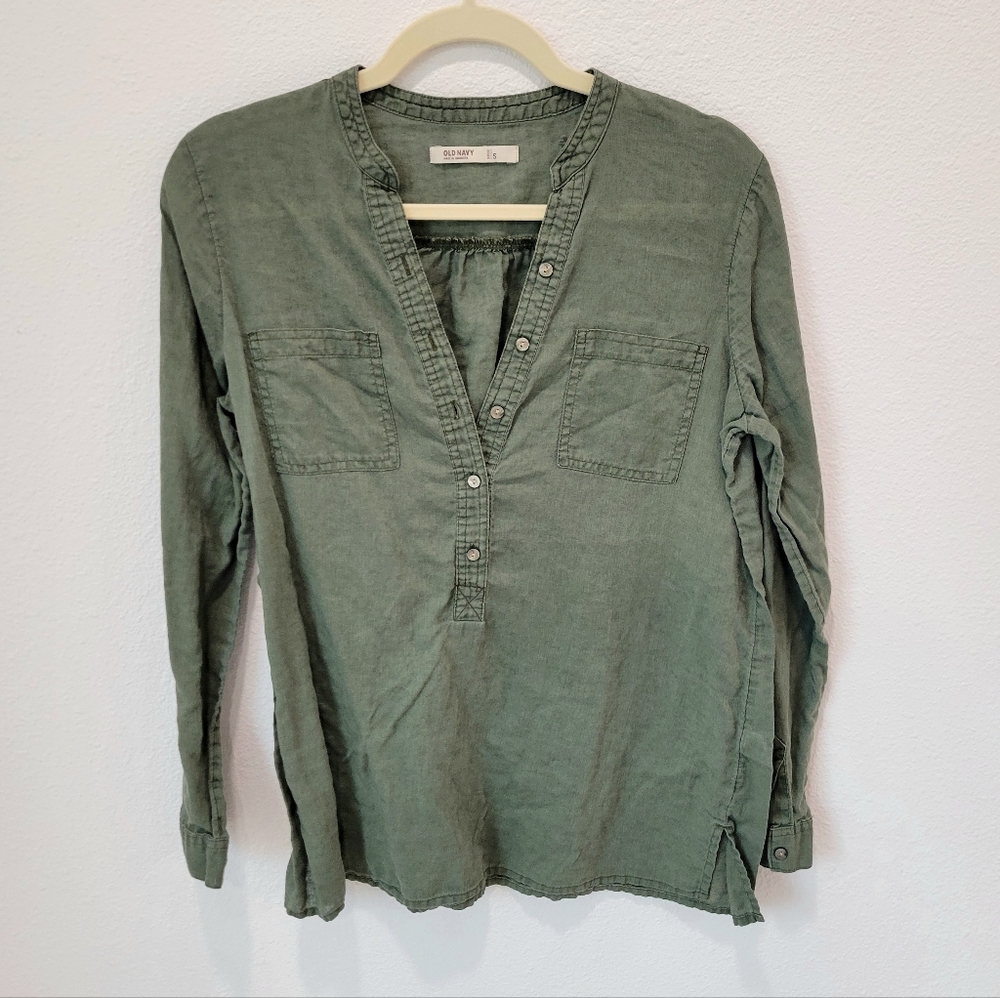 Old Navy Muted Green Linen Blend Half Button Shirt Roll Tab Sleeve Women’s S